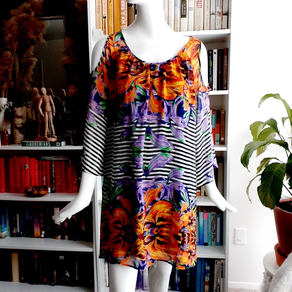 Meghan LA Multicolor Floral & Stripe Mini Dress - Orange, Purple, Black, White